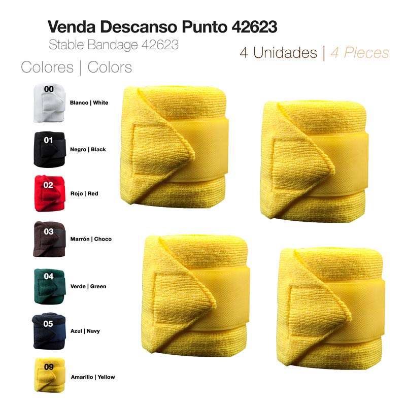 Quatro ataduras estáveis amarelas feitas de tecido elástico, com aba para fixação, dispostas em fundo branco com tabela de cores ao lado.