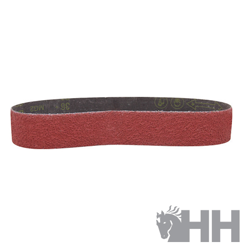 Cinta abrasiva vermelha e preta com inscrição amarela e logótipo cinzento HH