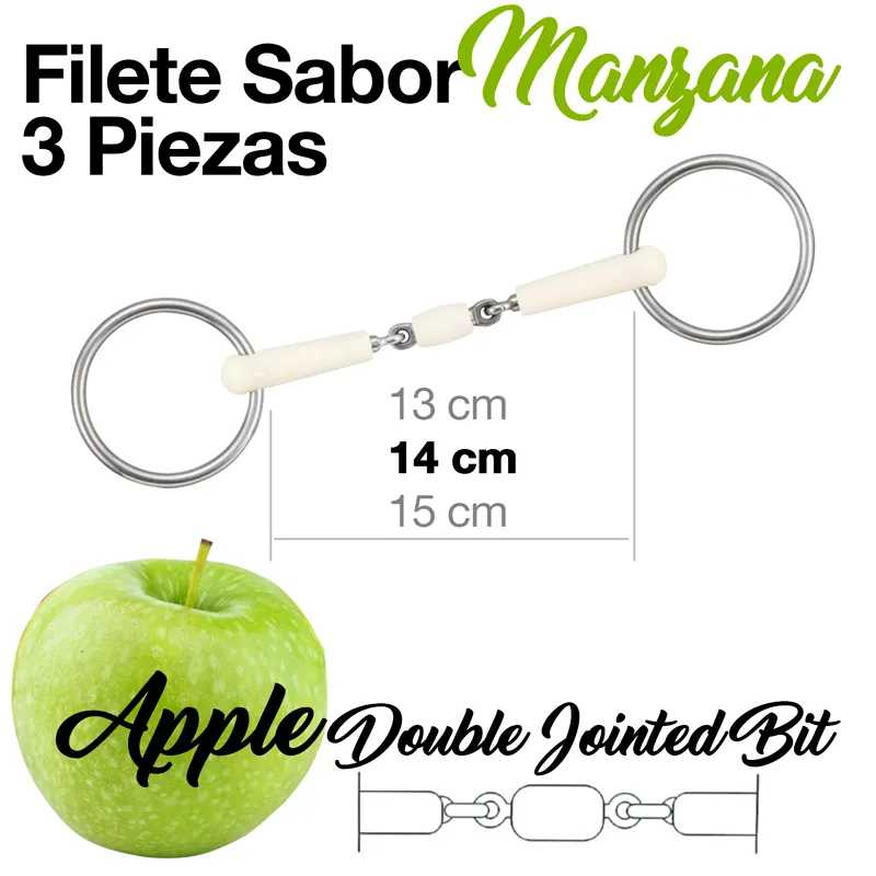 Freio para cavalo com peça branca e anéis metálicos, rótulo 'Filete Sabor Manzana 3 Piezas' e maçã verde.