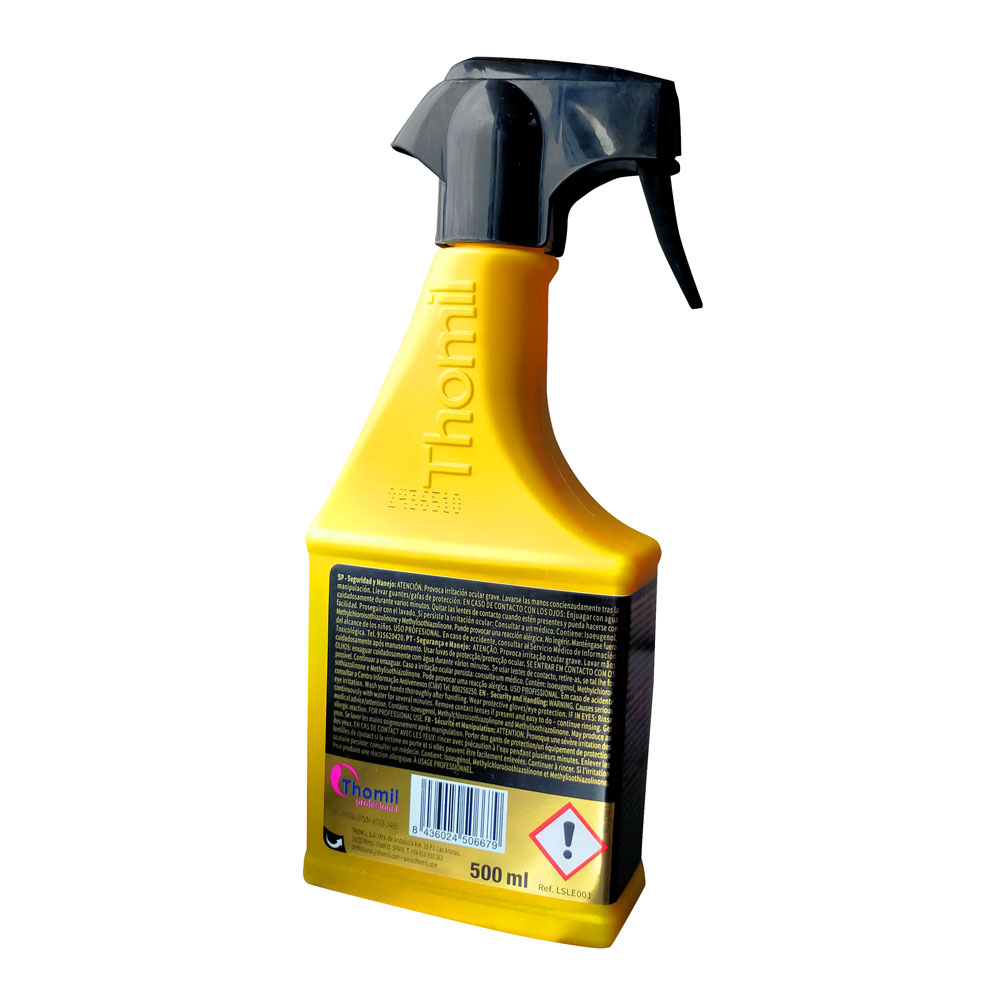 Frasco pulverizador amarelo Thomil com tampa preta e rótulo detalhado