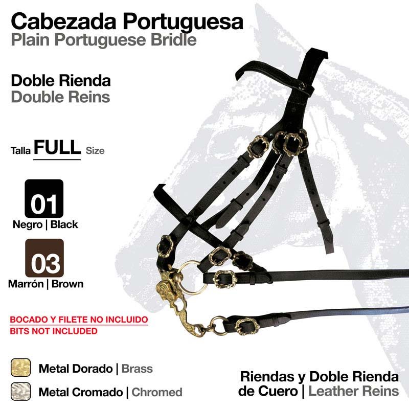 Cabeçada portuguesa preta com ferragens douradas e duplo conjunto de rédeas em fundo branco
