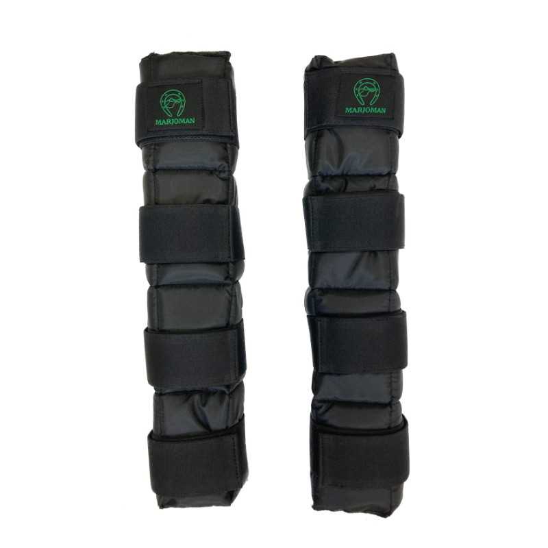 Proteções pretas para pernas com tiras ajustáveis e logotipo verde