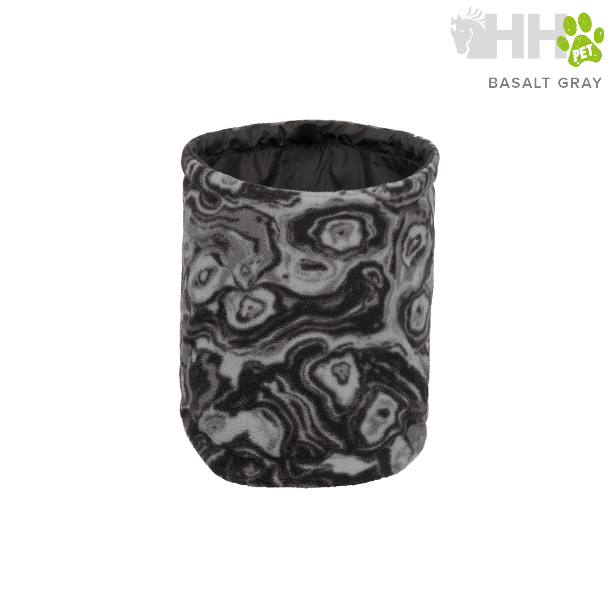 Produto cilindrico em tecido cinzento com padrão preto e interior preto