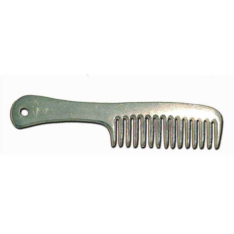 Pente metálico prateado com cabo largo e dentes largos