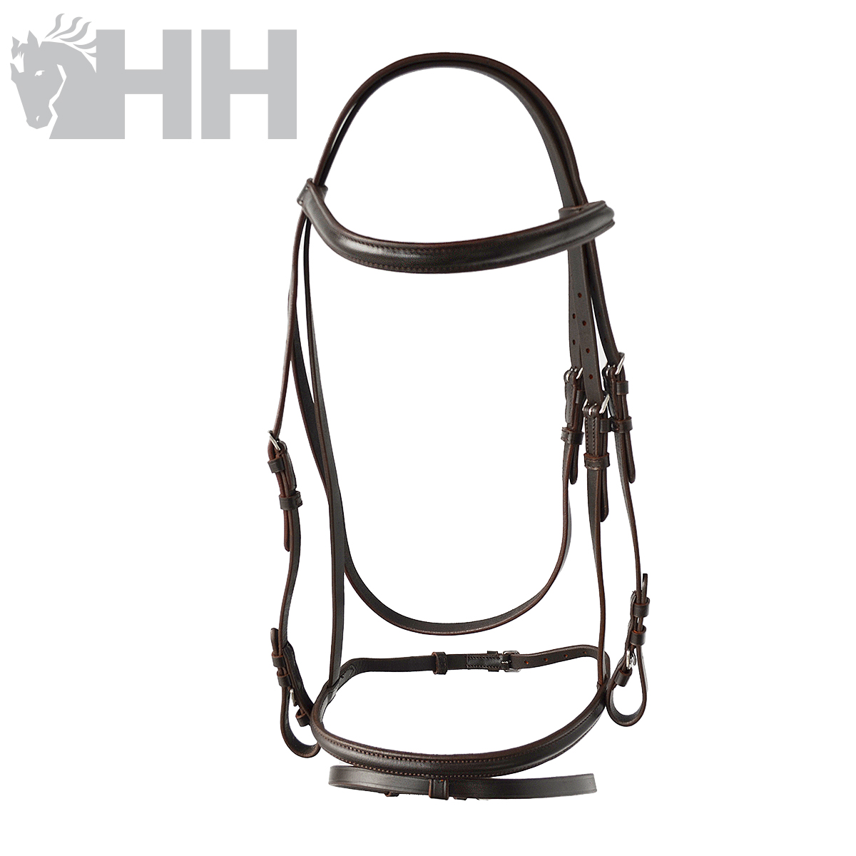 Cabresto de sela em couro castanho escuro com fivelas metálicas