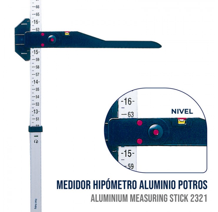 Medidor hipómetro de alumínio com escala e texto em português e inglês
