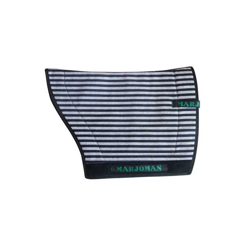 Protetor para sela de equitação riscas brancas e pretas com etiquetas verdes