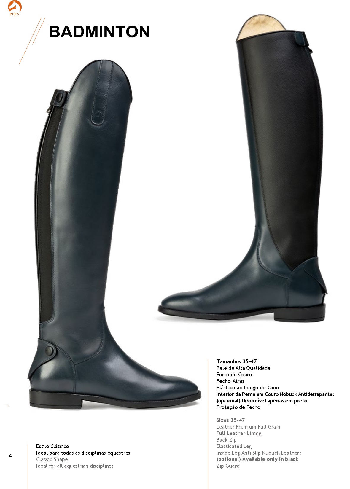 Botas equestres de couro preto com fecho e cano longo, etiquetadas BADMINTON