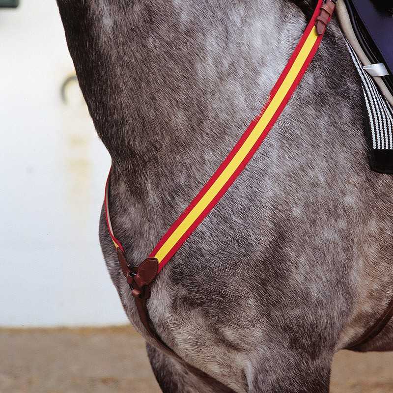 Cinta de peito vermelha e amarela com detalhes em couro em cavalo cinzento