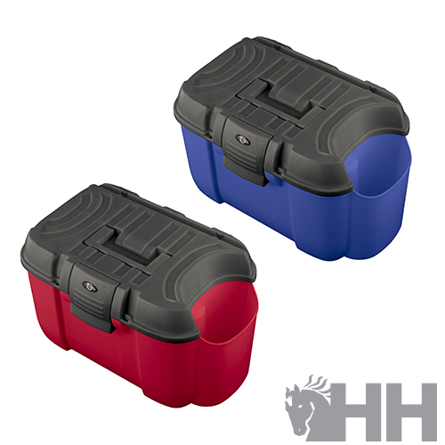 Caixas organizadoras vermelha e azul com tampas cinza-escuras e fecho frontal