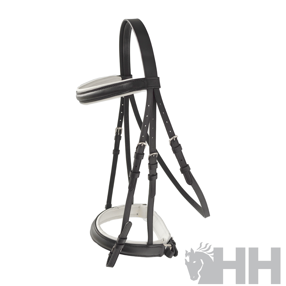 Cabresto para cavalo preto com acolchoamento branco e fivelas em fundo branco.