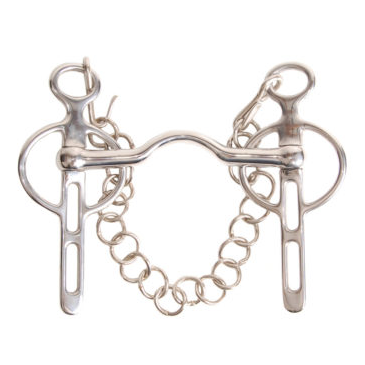 Freio de metal prateado com corrente em fundo branco