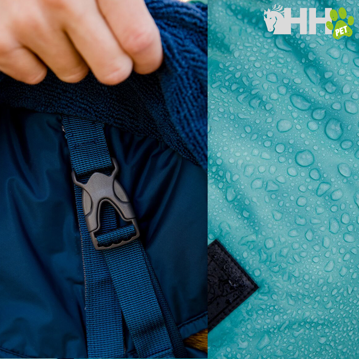 Fivela preta em tecido azul escuro e tecido impermeável azul claro com gotas de água