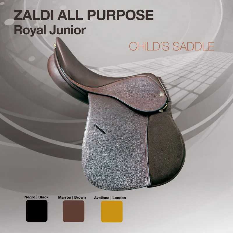 Sela infantil ZALDI ALL PURPOSE Royal Junior marrom em fundo cinza com texto e amostras de cores