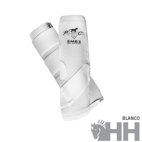 Proteções brancas para cavalos com texto e logo