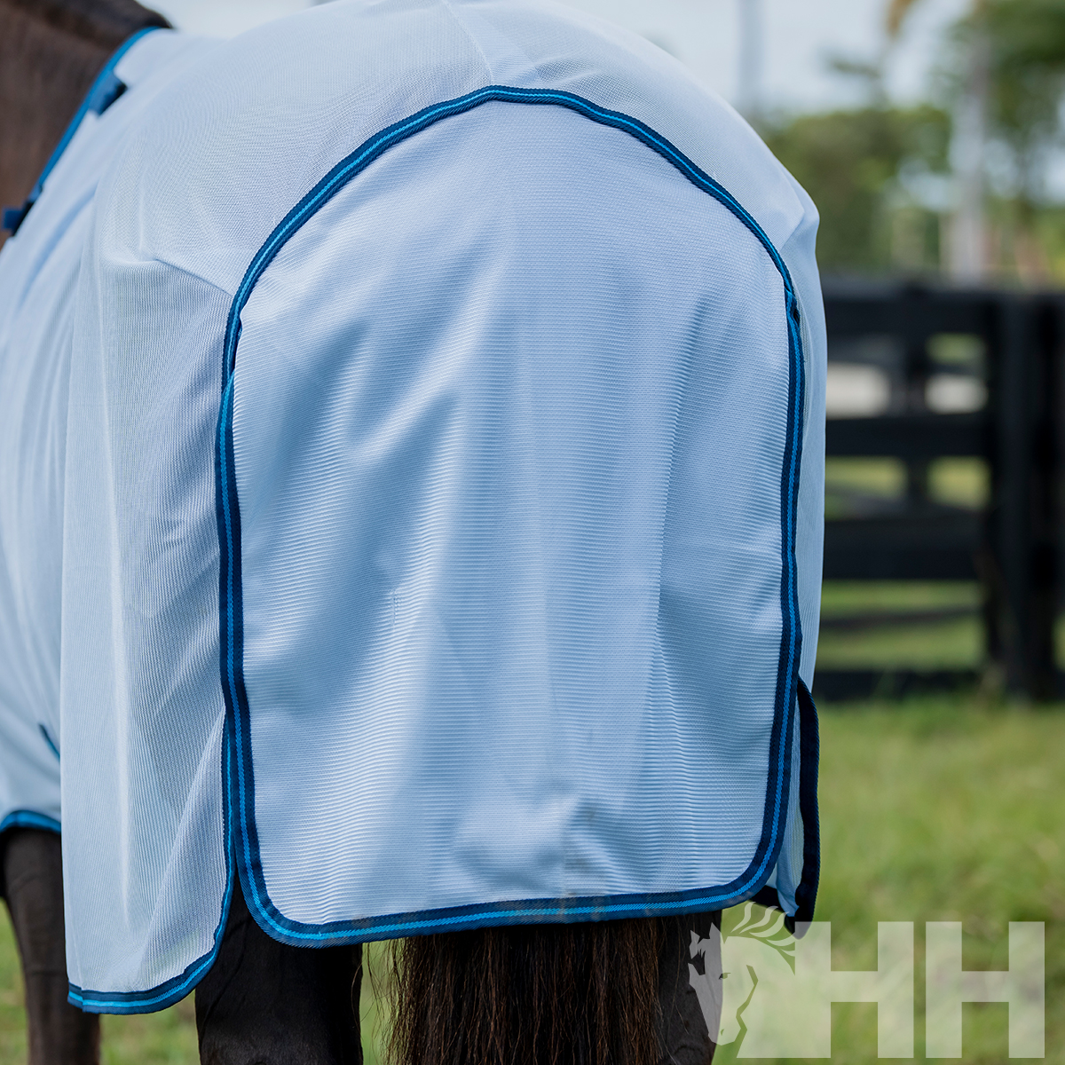 Capa branca com acabamento azul para cavalo, vista de lado