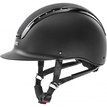 Capacete preto de equitação com faixa texturizada e tiras ajustáveis