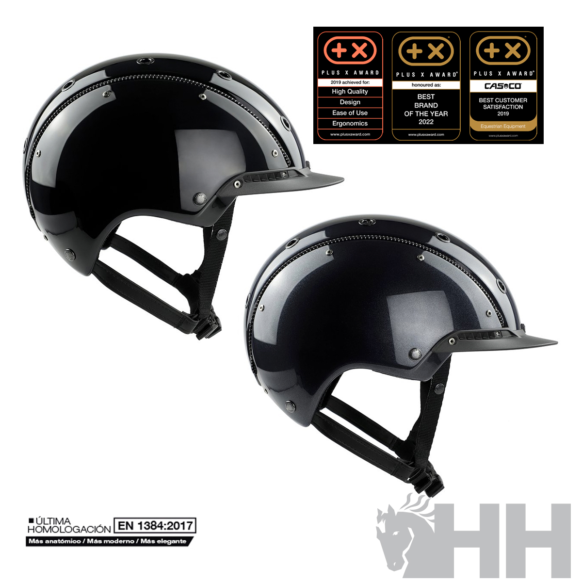 Capacete preto brilhante para equitação com arnês e viseira