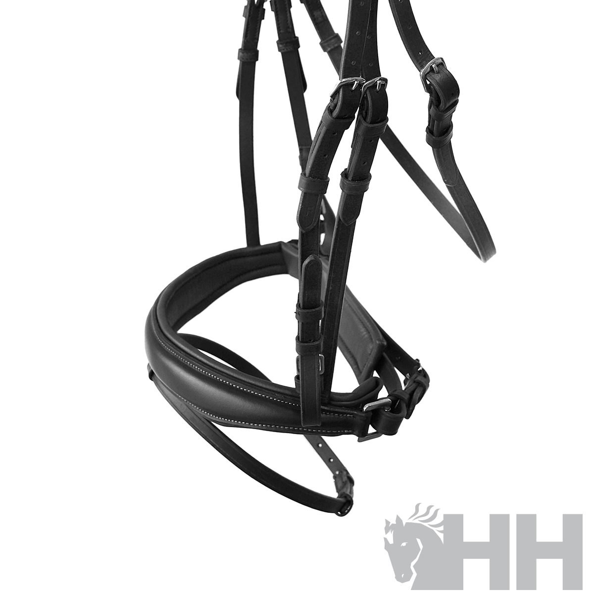 Cabeçada para cavalo em couro preto com costuras brancas