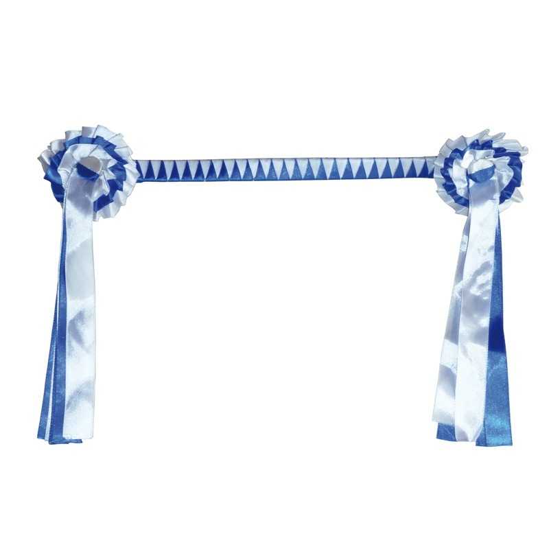 Fita decorativa azul e branca com rosetões em cetim