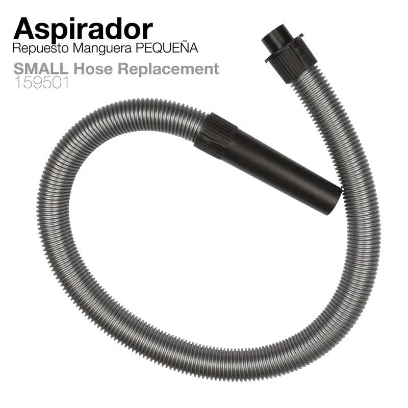 Mangueira pequena para aspirador cinza com extremidades pretas e texto informativo