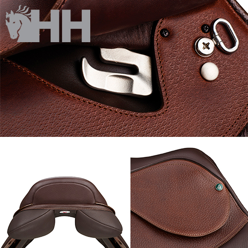 Sela de equitação marron em couro texturizado com ferragens metálicas e logo HH