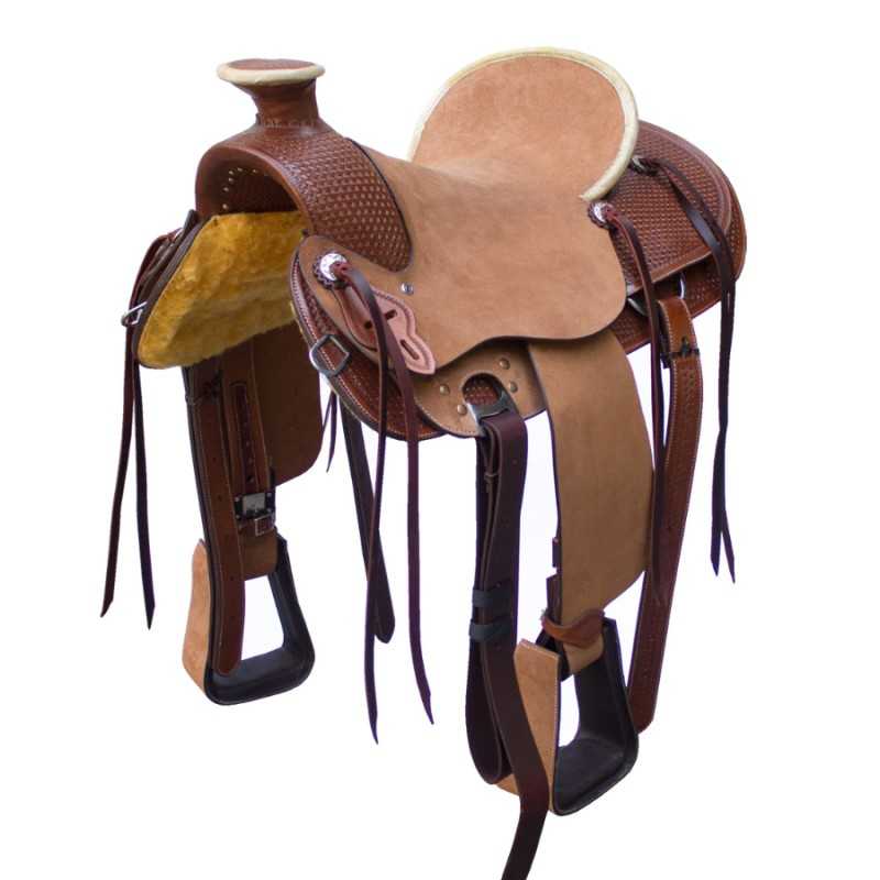 Sela de cavalo em couro castanho e bege com tiras