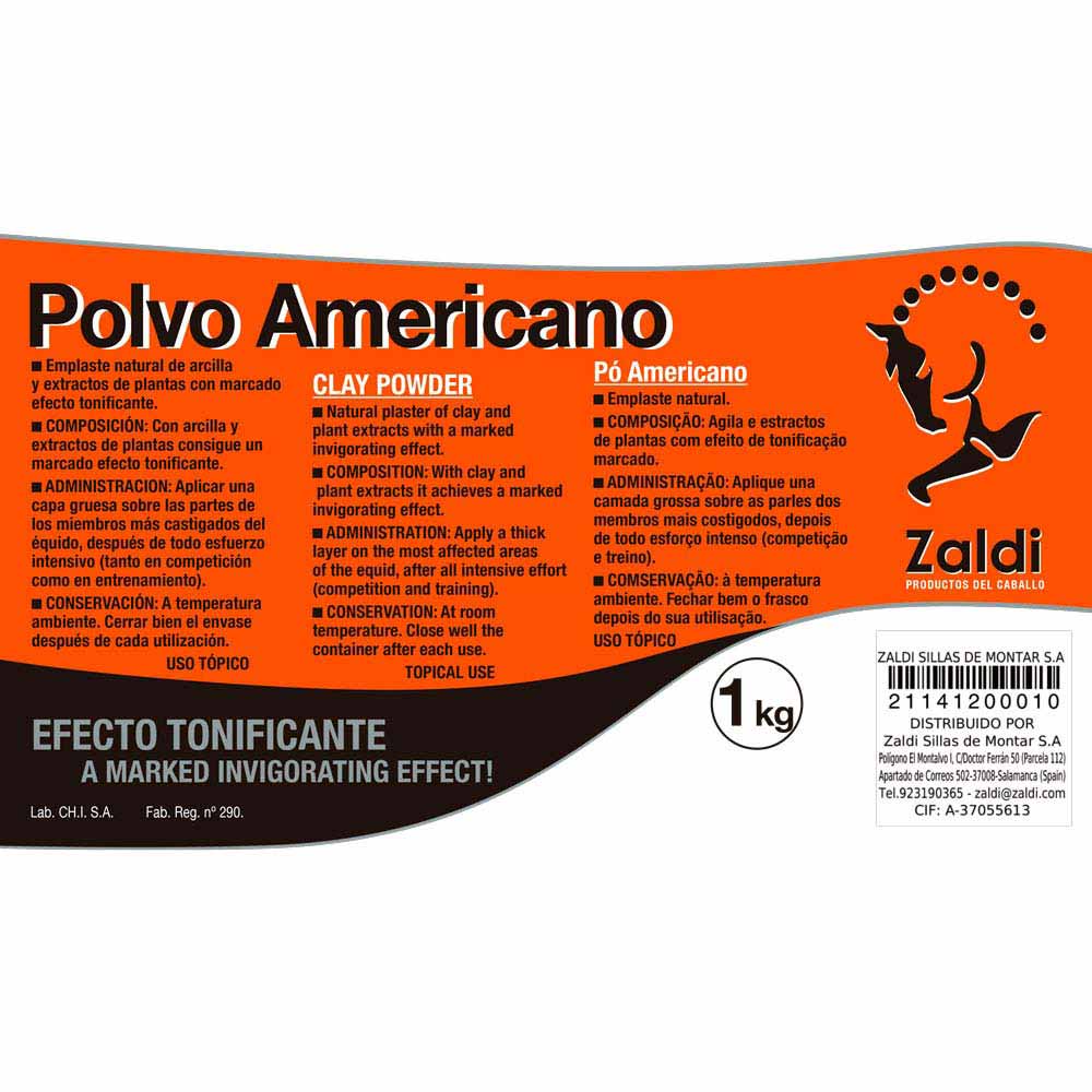 Etiqueta laranja de pó americano Zaldi para uso tópico com descrição em várias línguas