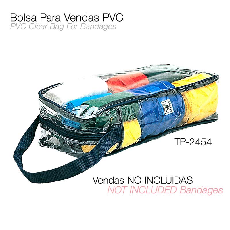Bolsa transparente para vendas em PVC com fecho e alça, contendo vendas coloridas dentro.