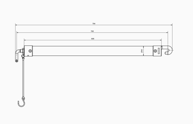 Desenho técnico de dispositivo alongado branco com ganchos e medidas em mm.