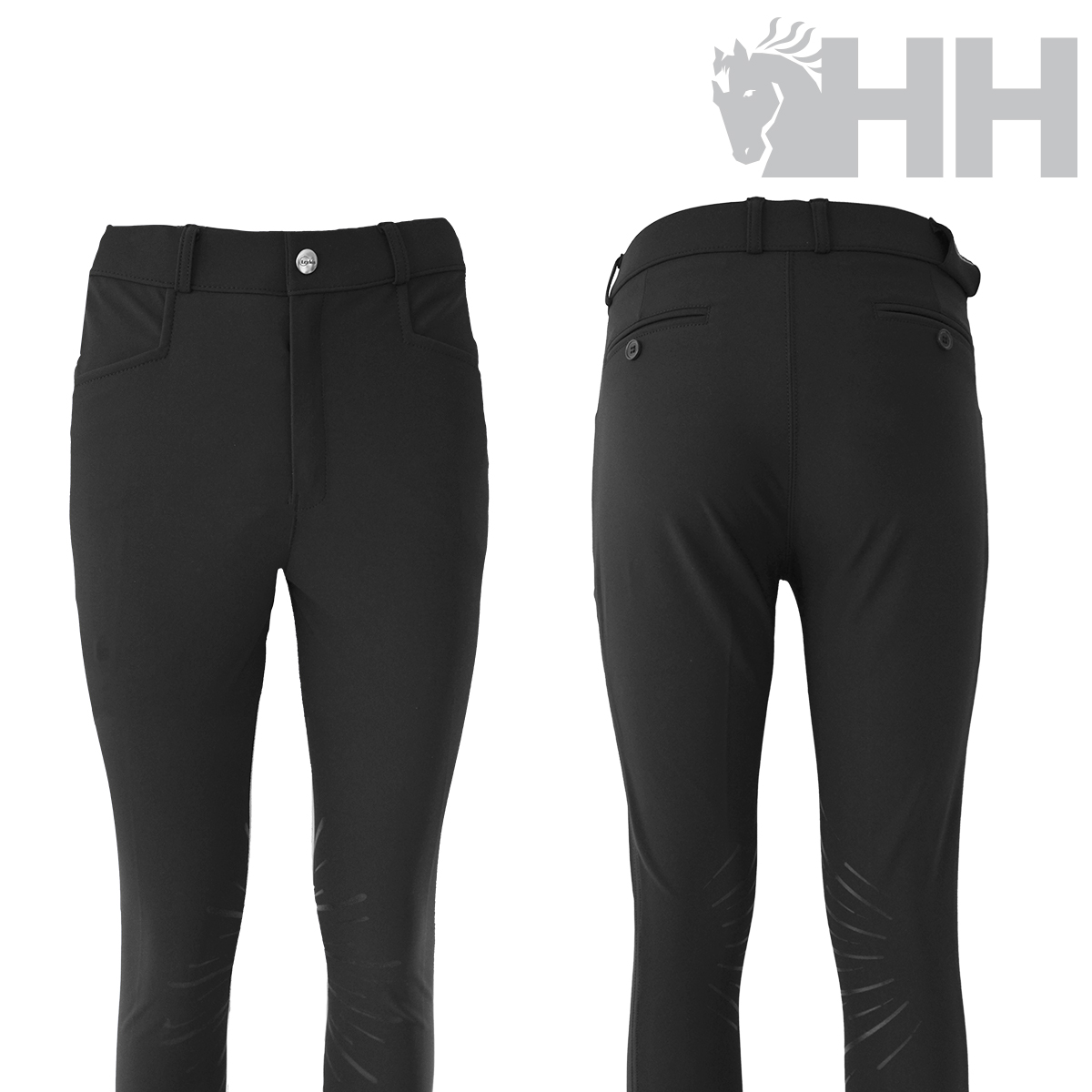 Calças pretas para equitação mostradas de frente e de costas com logótipo HH