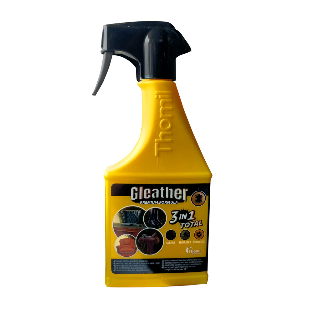 Frasco amarelo com pulverizador preto e rótulo Gleather limpeza couro