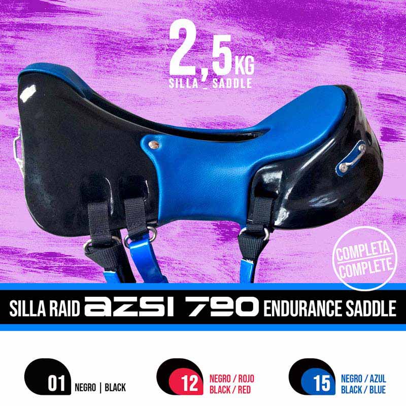 Sela de endurance AZSI 790 preta e azul com cintos pretos ajustáveis