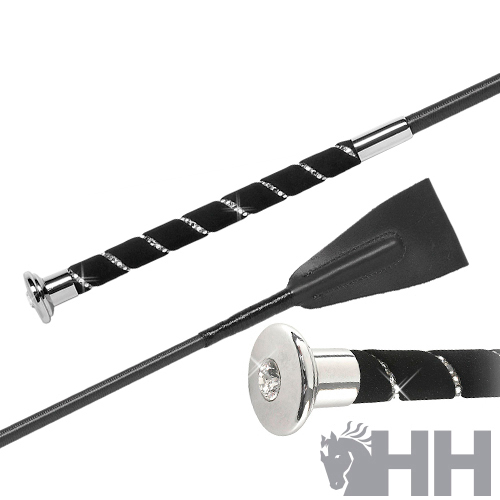 Chicote de cavalo preto com detalhes em metal prateado e padrão em espiral prateado no cabo