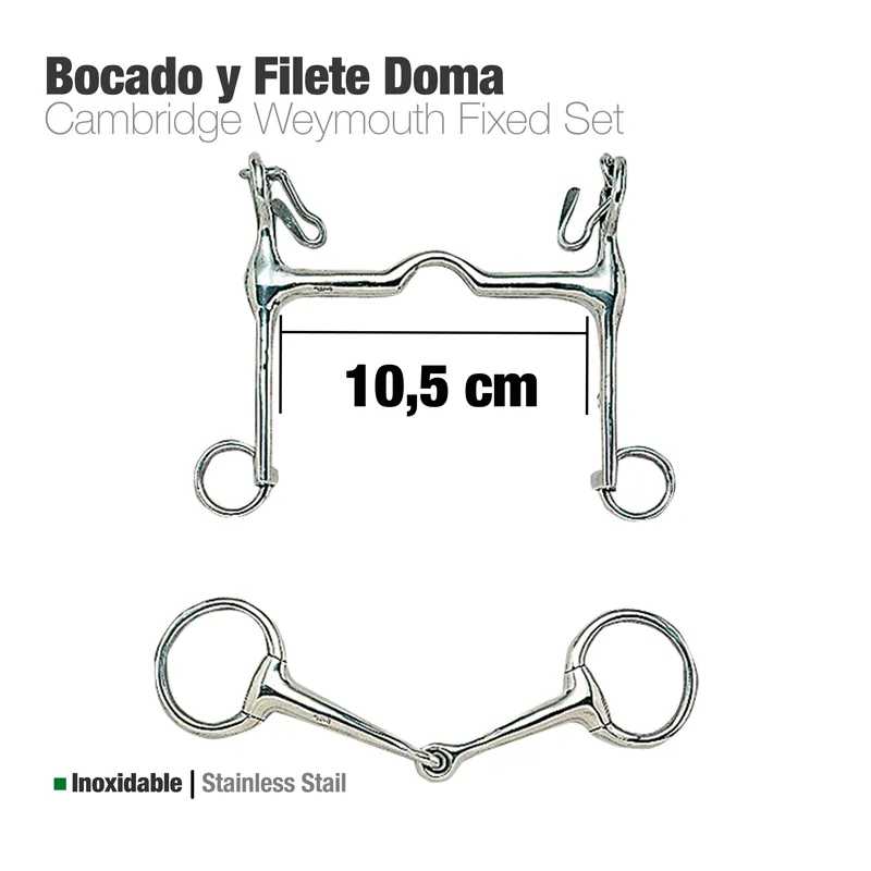 Conjunto metálico para equitação tamanho 10,5 cm em aço inoxidável com texto em fundo branco