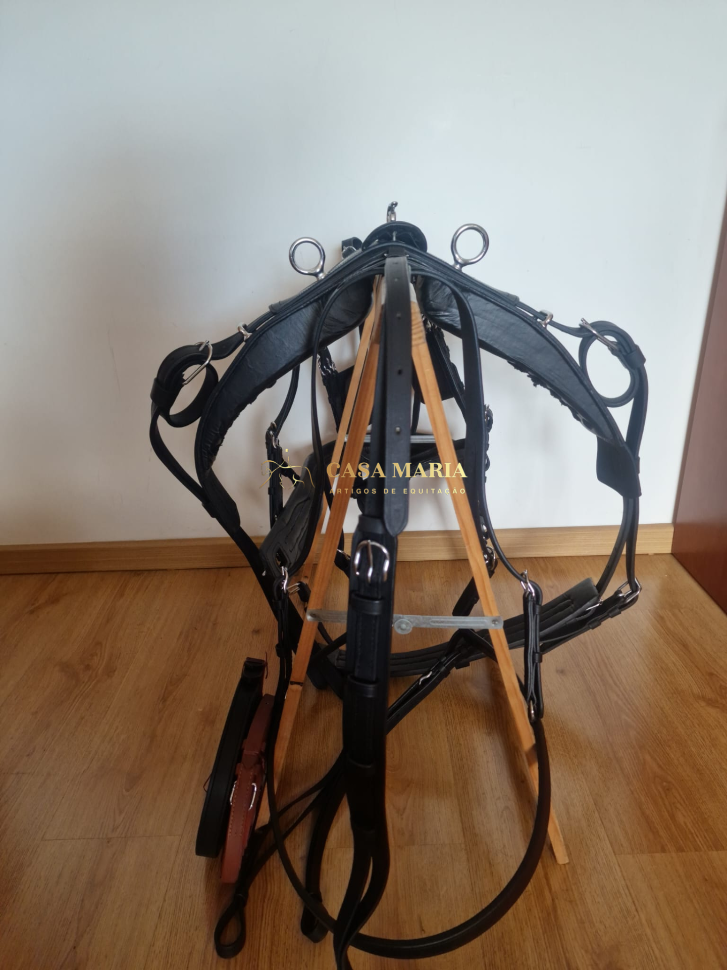 Sela e arreios de couro preto com detalhes metálicos prateados