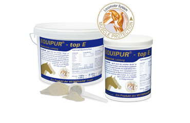 Suplemento alimentar EQUIPUR - top E para cavalos em embalagens brancas com tampa azul
