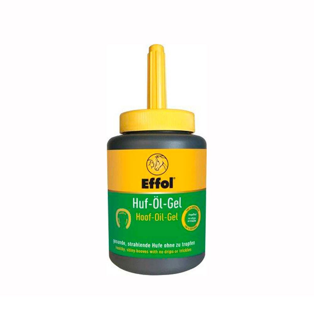 Gel óleo para cascos de cavalo Effol com frasco preto, tampa e rótulo amarelo e verde