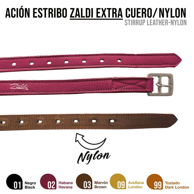 Fitas para estribos em couro rosa e nylon castanho com texto e cores indicadas