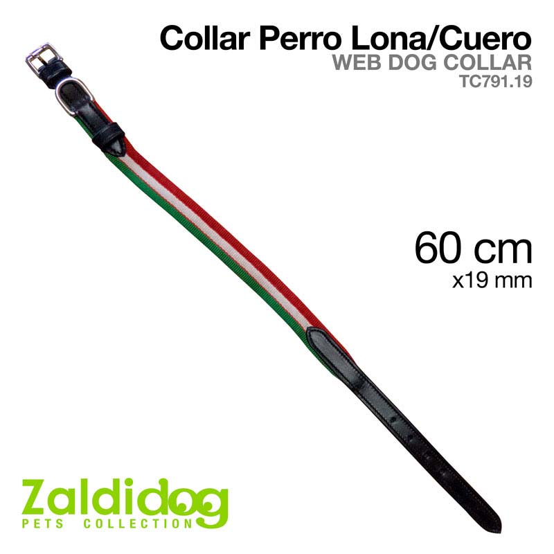 Colar para cão em lona verde, branco e vermelho com detalhes em couro preto e fivela metálica