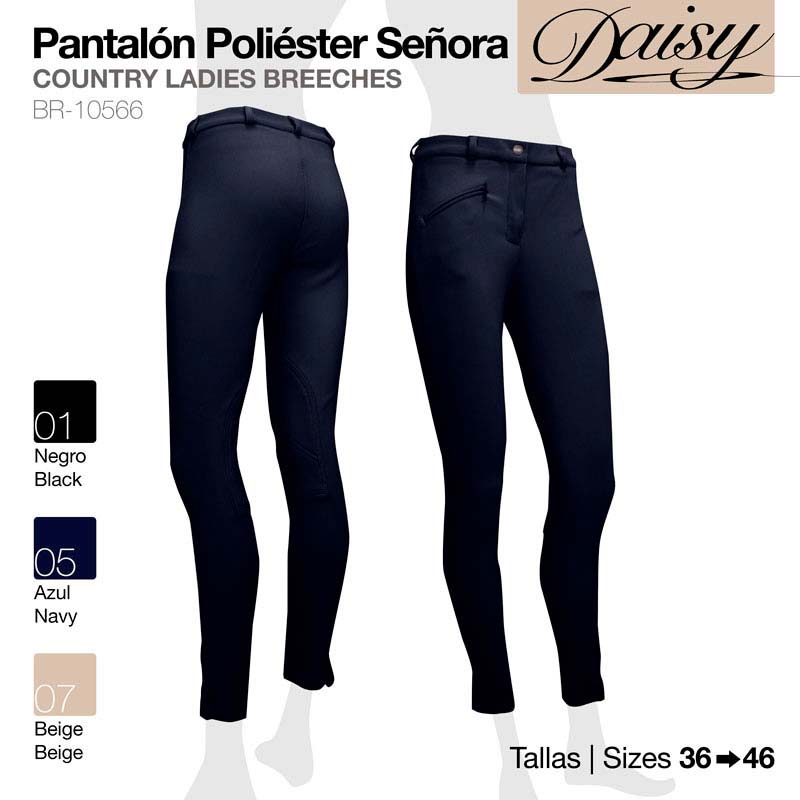 Calças femininas tipo breeches em poliéster nas cores preto, azul marinho e bege, modelo Daisy.