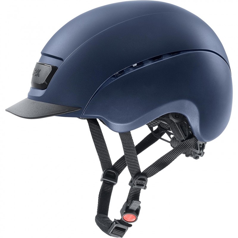 Capacete de ciclismo azul escuro com viseira preta e correias pretas ajustáveis