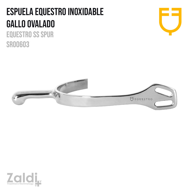 Espuela equestre inoxidável prateada com texto EQUESTRO e fundo branco