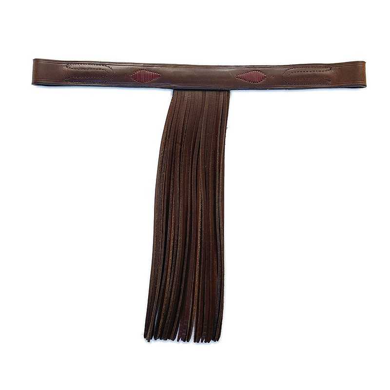 Cinto de couro castanho com franjas longas penduradas ao centro