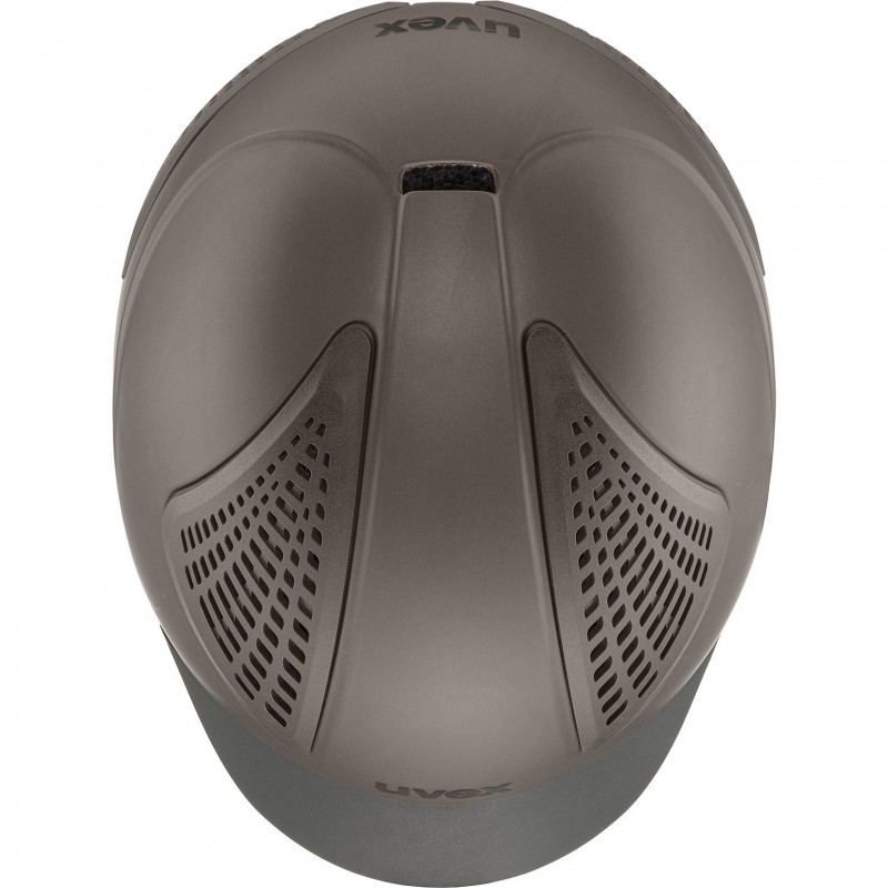 Capacete cinza com ventilação e marcas UVEX visto de cima