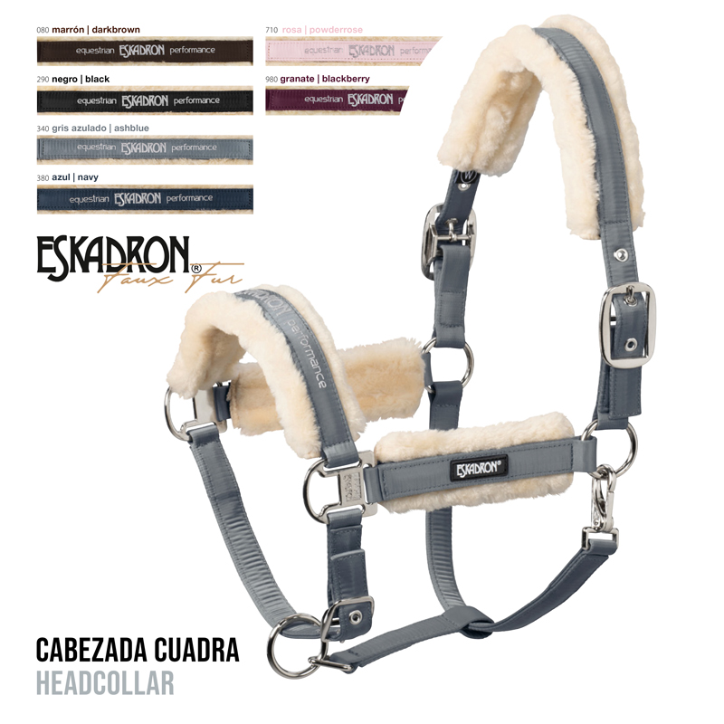 Cabeçada quadrada cinza escuro com pelúcia creme e fivelas metálicas marca Eskadron