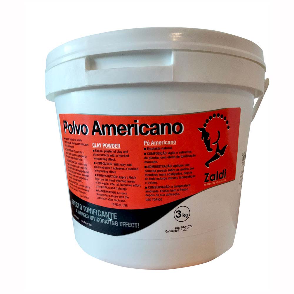Balde branco de plástico com rótulo vermelho e preto de Polvo Americano Zaldi