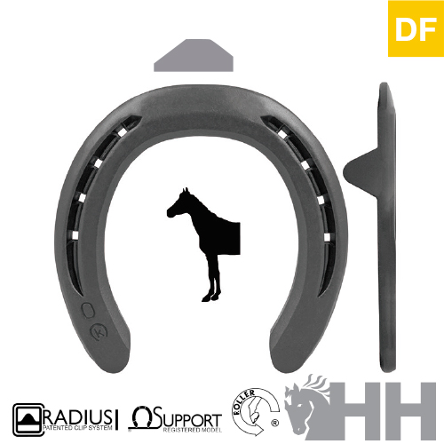 Calço de ferradura cinzento com símbolo de cavalo e inscrições RADIUS II, SUPPORT, HH