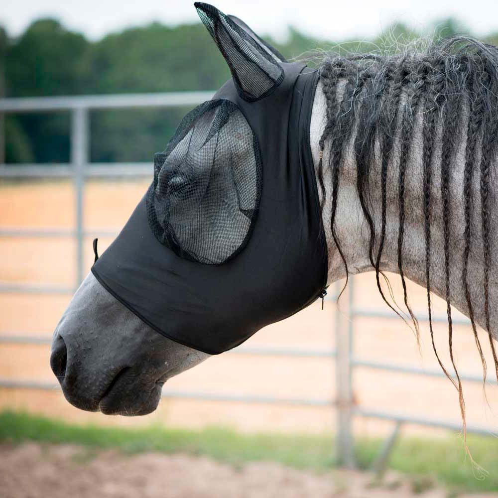 Máscara preta para cavalo com telas de malha nas orelhas e olhos