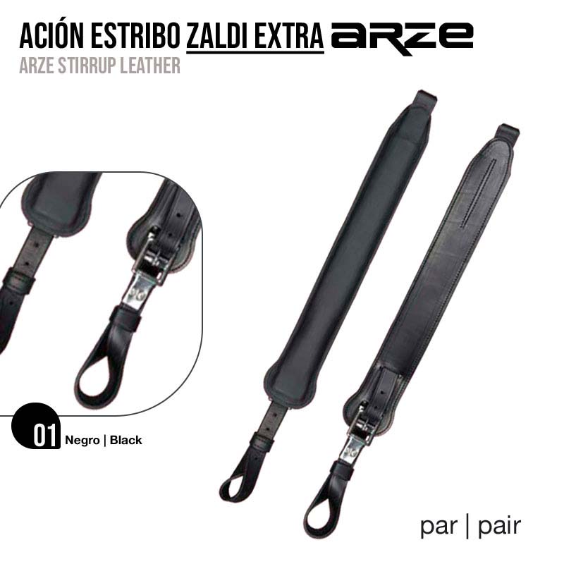 Par de estribos de couro preto com fivelas metálicas em fundo branco